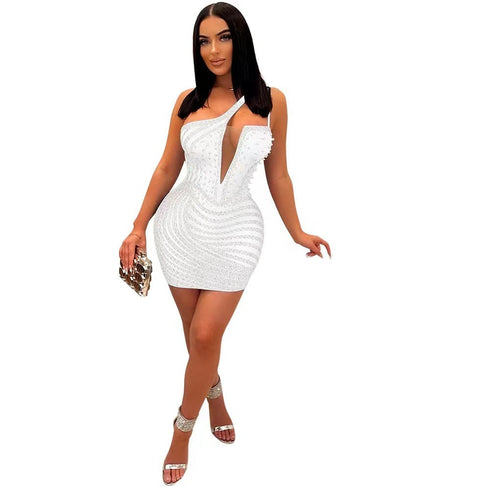 Oblique Shoulder Hot Drill Hip Bag Sleeveless Dress